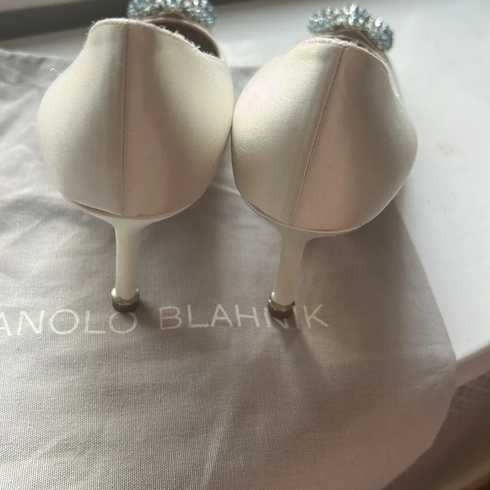 Manolo Blahnik White Satin Pump with Crystal Buckle